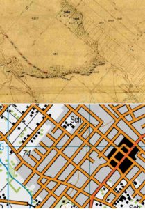 Above: The edge of Waimate Bush, as shown on one of the ‘Black Maps’. The elongated land parcels, which were to become residential blocks and streets in the town of Waimate, are clearly visible. Acknowledgments to Canterbury Maps, Te Rūnanga o Ngāi Tahu, Environment Canterbury, Land Information New Zealand (LINZ), Micrographics and Archives New Zealand. Below: The same view on the 1:50,000 LINZ Topo map.