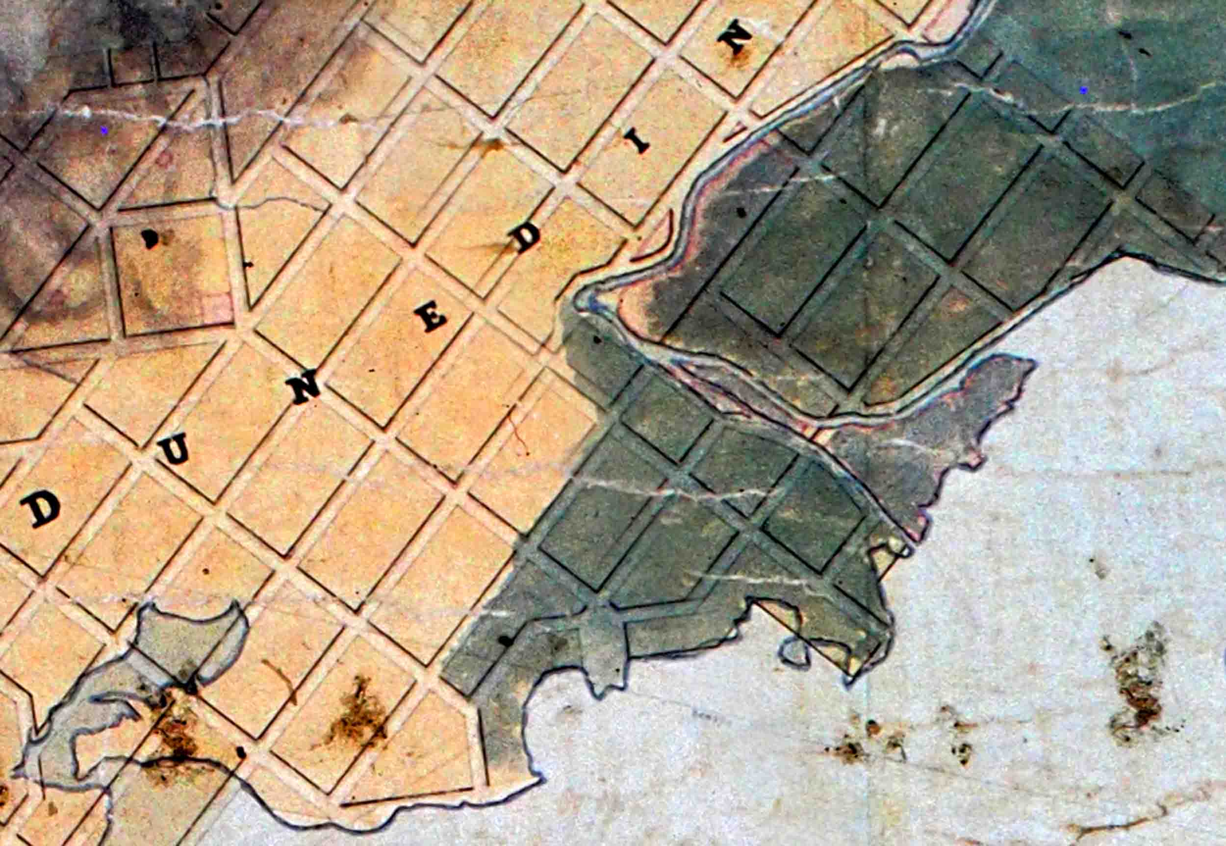 A portion of 'Kettle's 1847 map, 'Otago Land District SO 6’, showing the 'Leith Delta'. The green shading is interpreted as mostly 'bush/forest'.